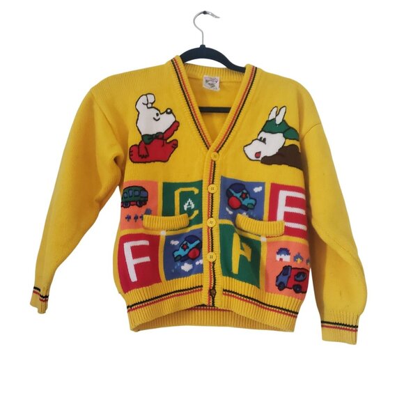 Vintage Lucky Stars Childrens Cardigan Sweater Size 8/10 Cartoon Graphic Knit - Picture 1 of 9